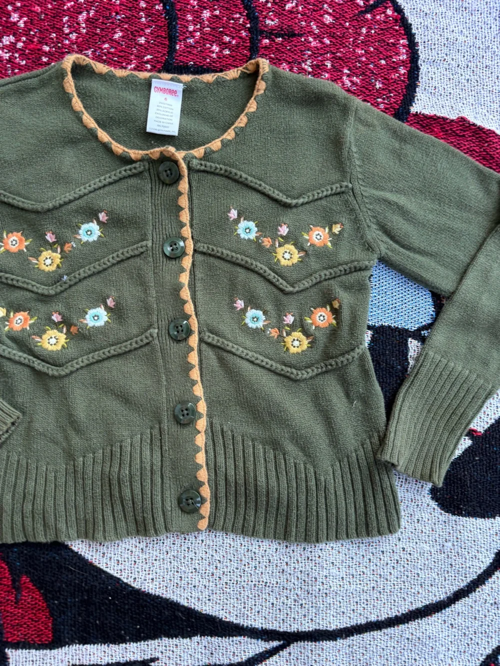 VTG Y2K GYMBOREE GREEN EMBROIDERED FLOWER CARDIGAN SWEATER SIZE 6 GIRLS